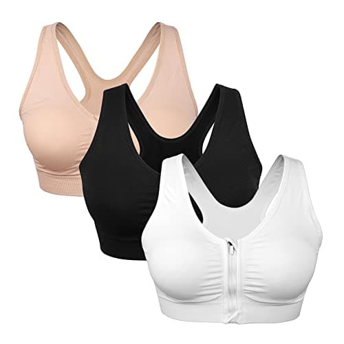 Women's Zip-Front Wireless Racerback Post-Surgery Active Yoga Sports Bra 3-Pack
