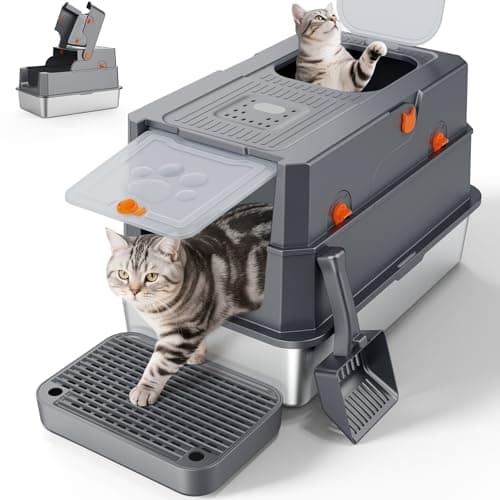 FURTIME XL Stainless Steel Cat Litter Box with 135-Degree Flip-Top Hood