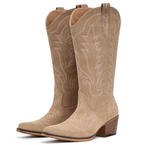 Fioralie Women's Suede Embroidered Mid Calf Cowgirl Boot with Snip Toe