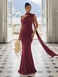CurvySweet Isolde One-Shoulder Mesh Ribbon Ruched Maxi Dress with Built-In Bra