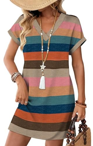 WIHOLL Short Sleeve V-Neck Hawaiian Travel Midi Dress with Relaxed Flowy Fit