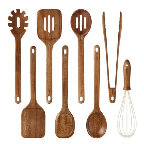 CAROTE 8-Piece Acacia Wood Cooking Utensil Set for Nonstick Cookware Use