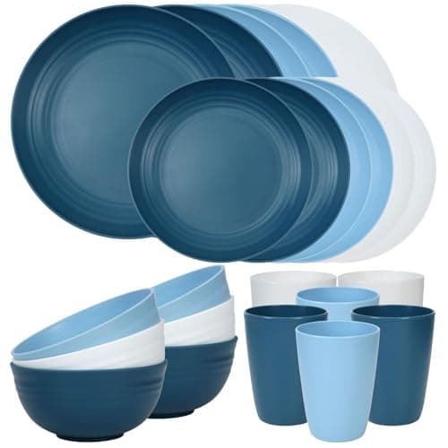 Quatish 24-Piece Unbreakable Plastic Plates and Bowls Dish Set for 6, Blue