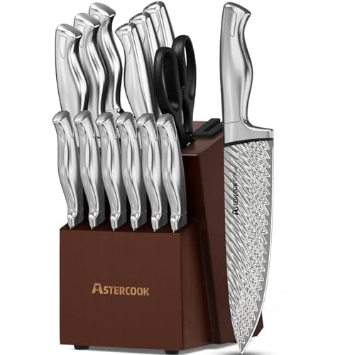 Astercook 15-Piece German Stainless Steel Knife Set with Laser Damascus Pattern