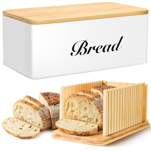 RYTOXILO Bread Slicer with Storage Box & Bamboo Lid for Kitchen Counters