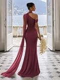 CurvySweet Isolde One-Shoulder Mesh Ribbon Ruched Maxi Dress with Built-In Bra
