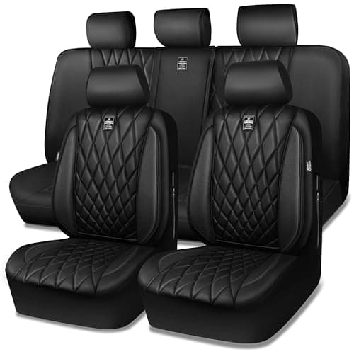 CAR PASS Luxury Faux Leather Waterproof Full Interior Seat Cover Set, Pure Black