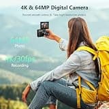 VJIANGER 4K Digital Camera with 64MP Sensor, 18X Zoom, Built-in Flash and Wi-Fi Transfer
