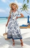OFEEFAN Flowy Short Sleeve V-Neck A-Line Midi Dress with High Empire Waistline