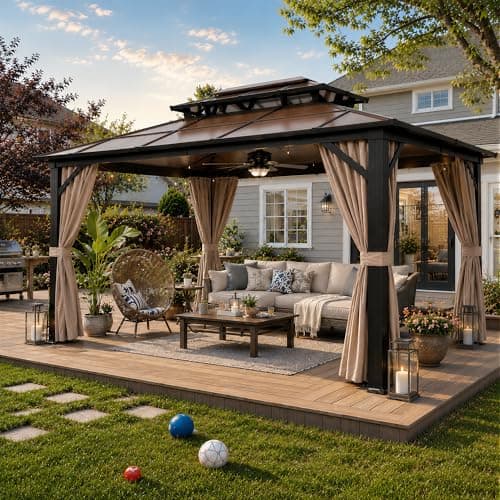 YOLENY 10x13 ft. Polycarbonate Double Roof Hardtop Gazebo with Curtains